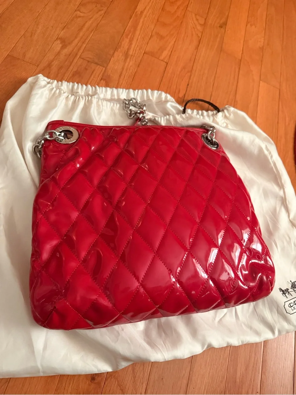Coach Red Quilted Patent Shoulder Bag with Silver Chain